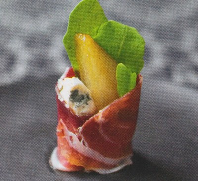 picture of Glazed pears with dolcelatte, rocket and pata negra
 Canape