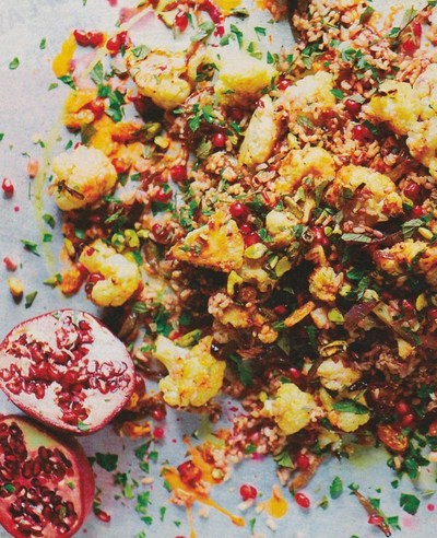 picture of Roasted cauliflower and grain salad with pistachios and pomegranate
 Cauliflower