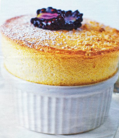 picture of Pear and ginger souffle with blackberries
 Fruity